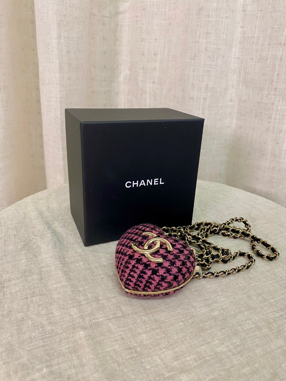 Chanel Preloved Tweed Heart Shaped Locket Minaudière Necklace