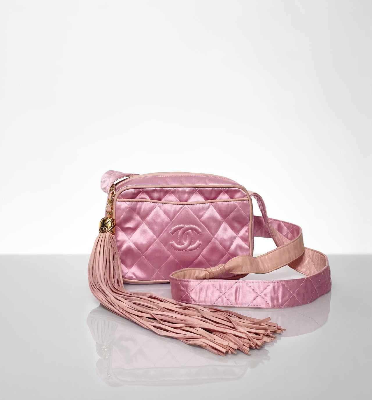 Chanel Rare Vintage Pink Silk Leather Tassel Shoulder Bag